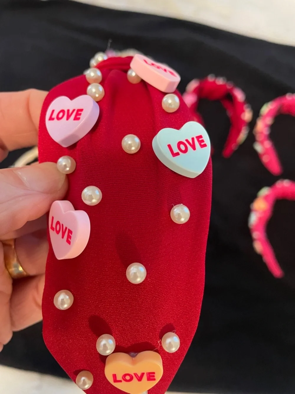 Beaded Candy Heart Embellished Knot Valentine’s Headbands Ivory & Red set of 6